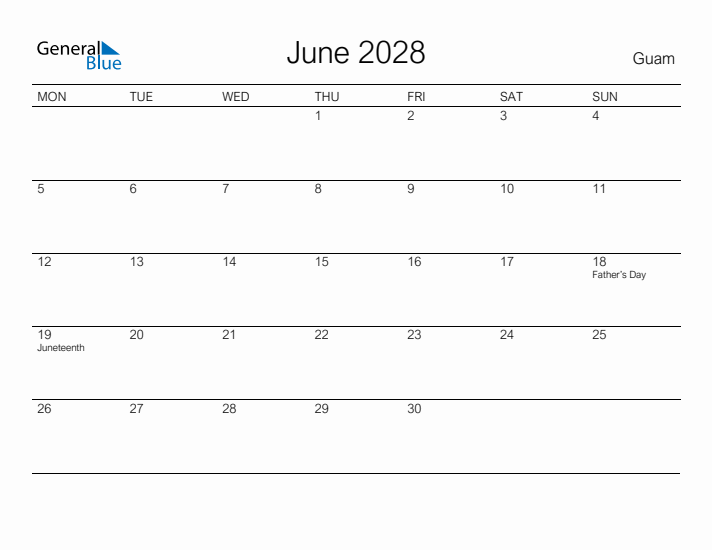 Printable June 2028 Calendar for Guam