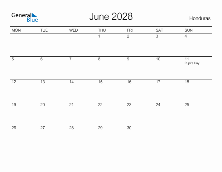 Printable June 2028 Calendar for Honduras