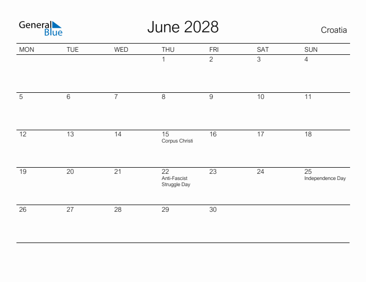 Printable June 2028 Calendar for Croatia
