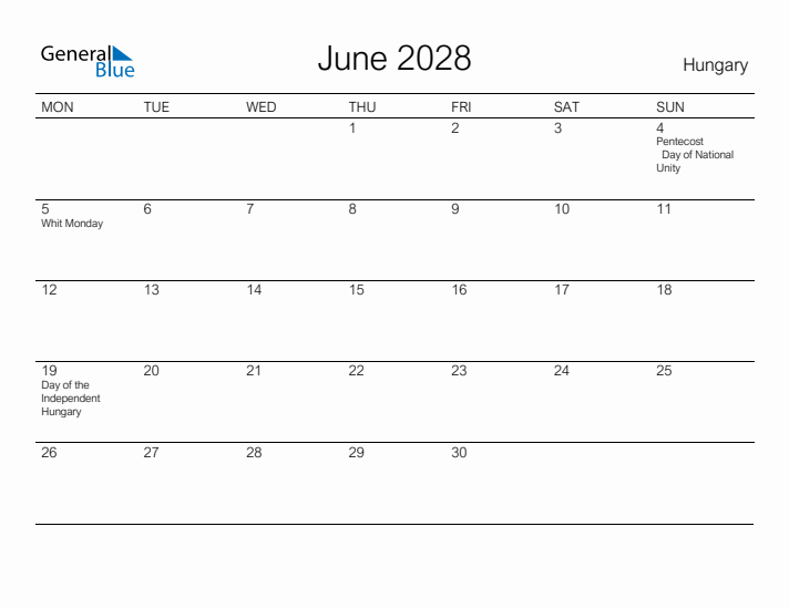 Printable June 2028 Calendar for Hungary