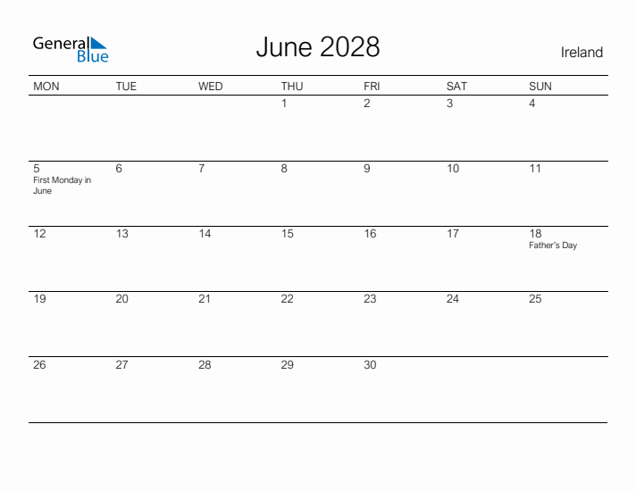 Printable June 2028 Calendar for Ireland