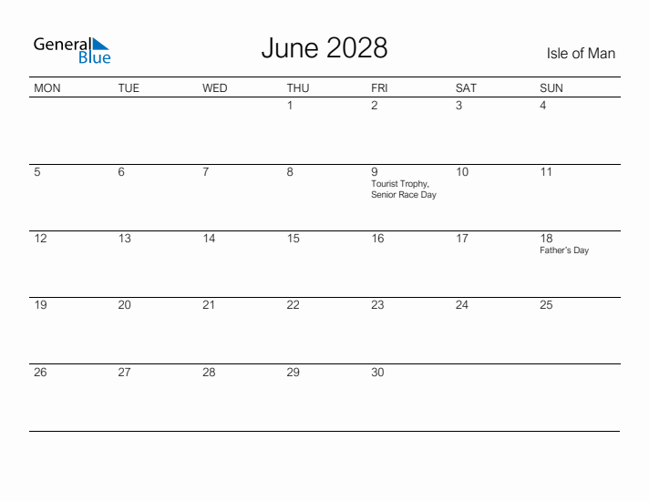 Printable June 2028 Calendar for Isle of Man