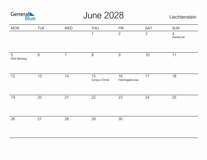 Printable June 2028 Calendar for Liechtenstein