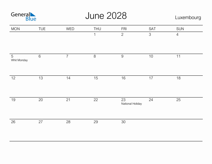 Printable June 2028 Calendar for Luxembourg