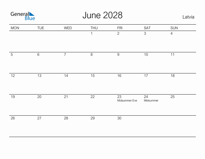 Printable June 2028 Calendar for Latvia