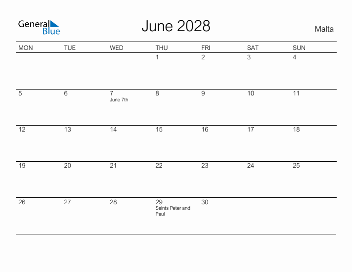 Printable June 2028 Calendar for Malta
