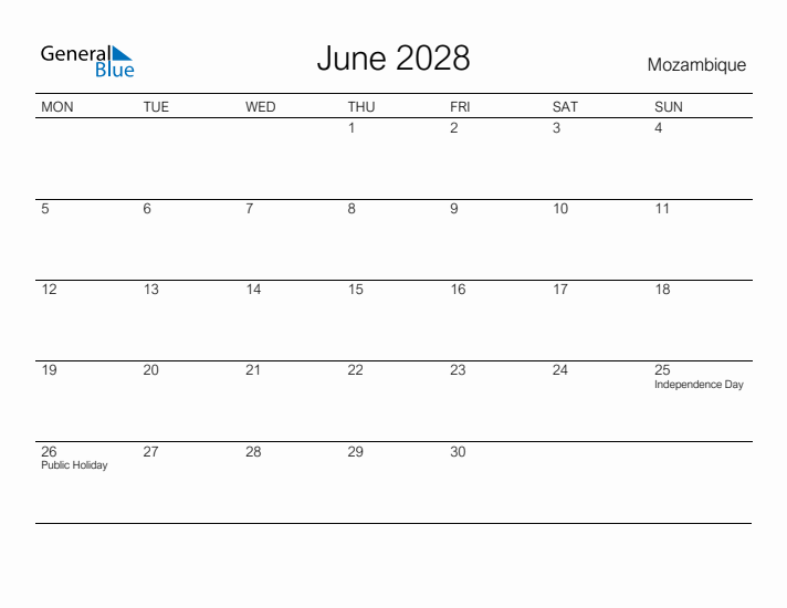 Printable June 2028 Calendar for Mozambique