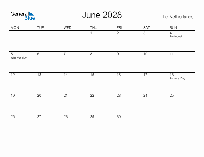 Printable June 2028 Calendar for The Netherlands