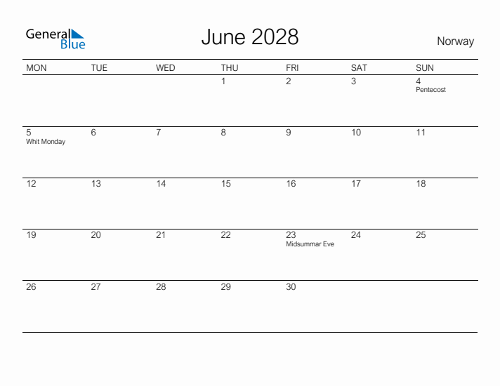 Printable June 2028 Calendar for Norway