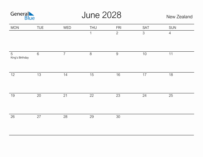 Printable June 2028 Calendar for New Zealand