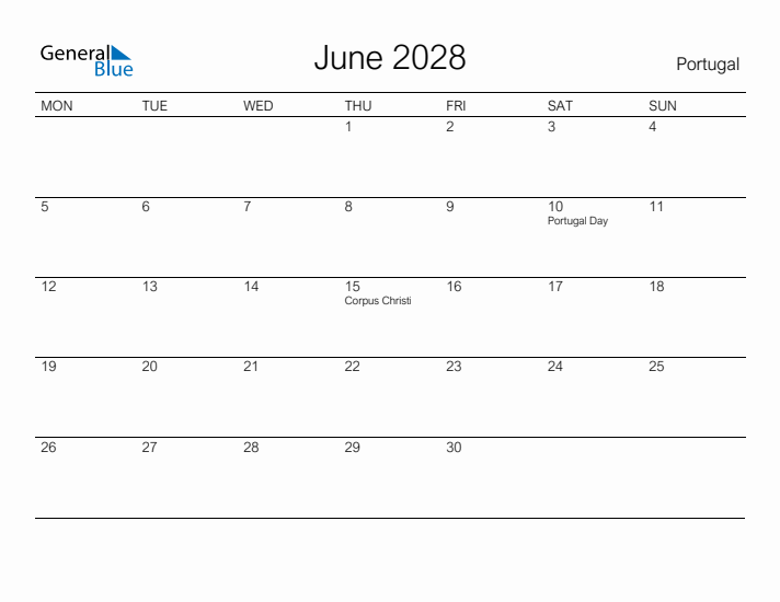 Printable June 2028 Calendar for Portugal