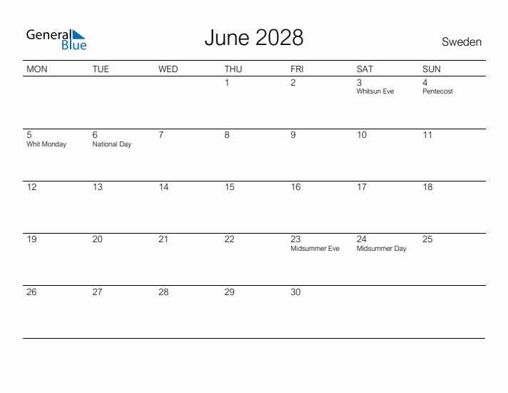 Printable June 2028 Calendar for Sweden