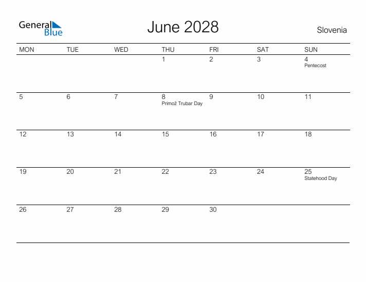 Printable June 2028 Calendar for Slovenia
