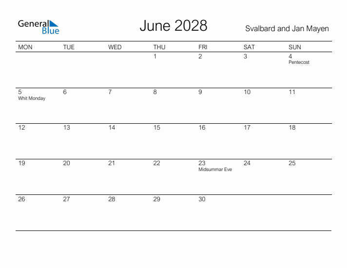 Printable June 2028 Calendar for Svalbard and Jan Mayen