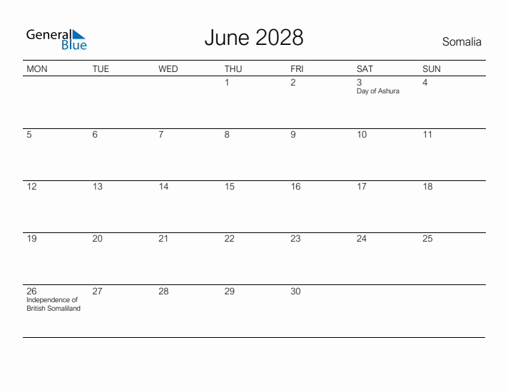 Printable June 2028 Calendar for Somalia