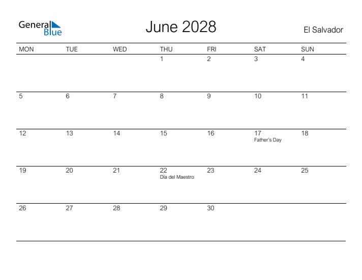 Printable June 2028 Calendar for El Salvador