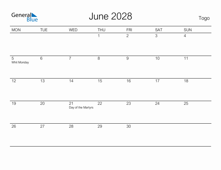 Printable June 2028 Calendar for Togo