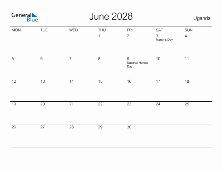 Printable June 2028 Calendar for Uganda