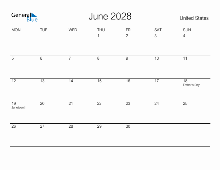 Printable June 2028 Calendar for United States