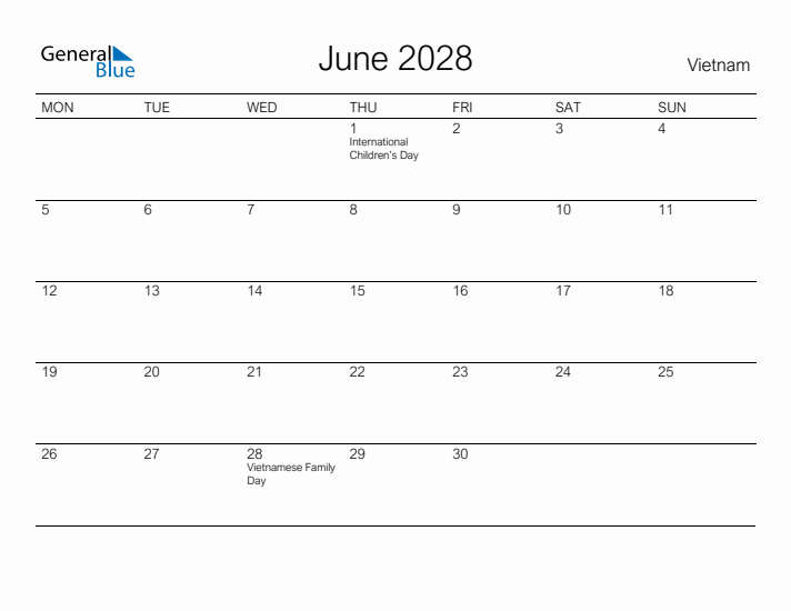 Printable June 2028 Calendar for Vietnam