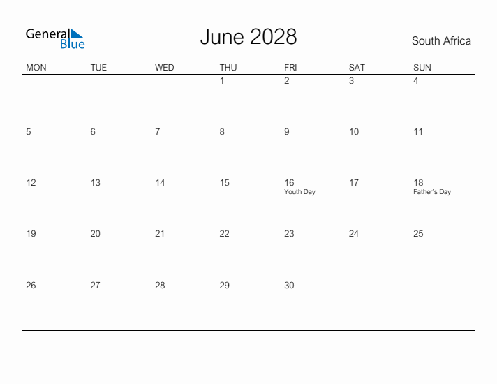 Printable June 2028 Calendar for South Africa