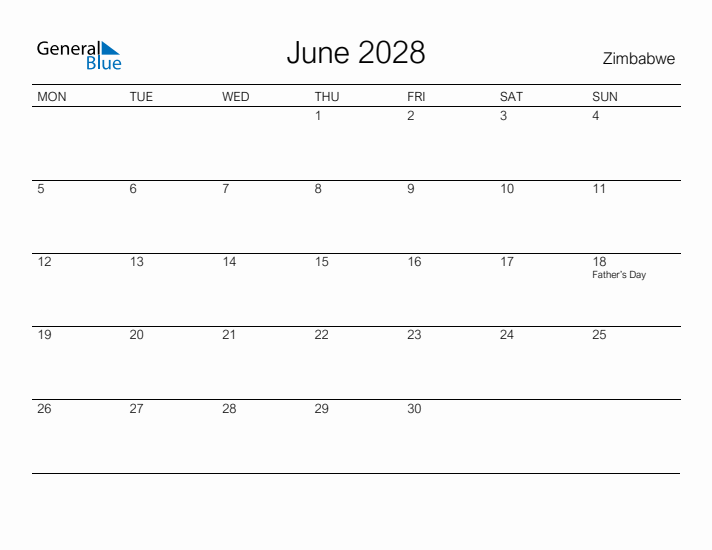 Printable June 2028 Calendar for Zimbabwe