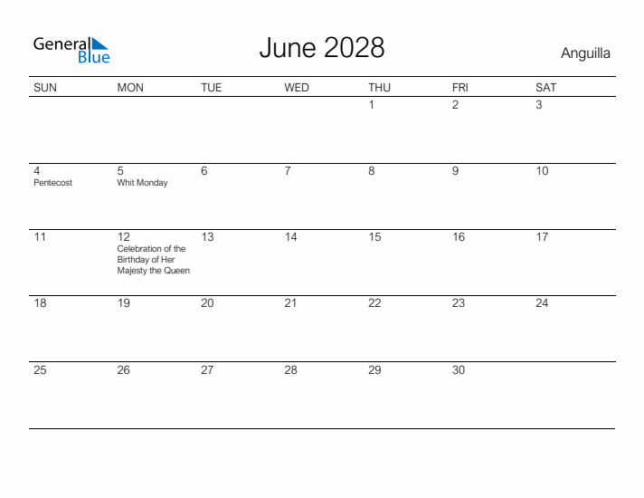 Printable June 2028 Calendar for Anguilla