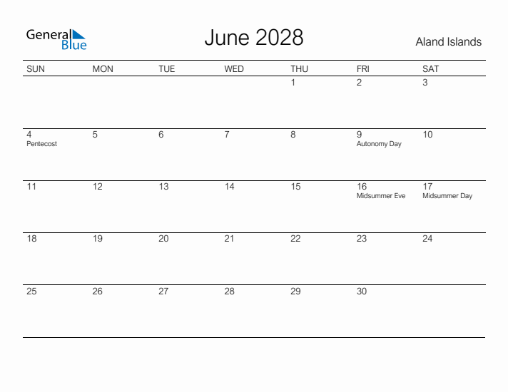 Printable June 2028 Calendar for Aland Islands