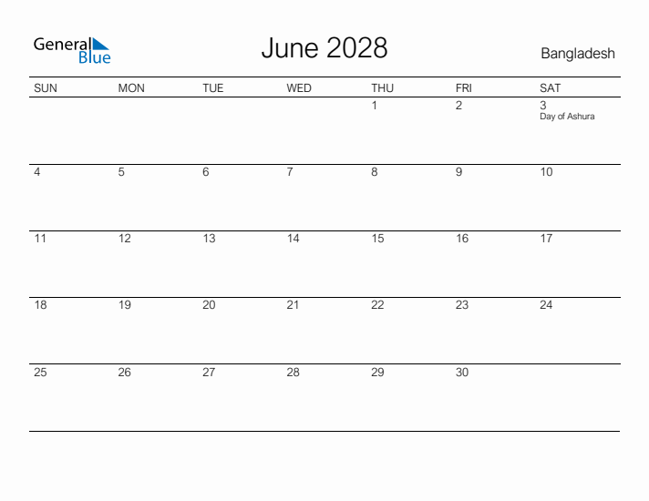 Printable June 2028 Calendar for Bangladesh