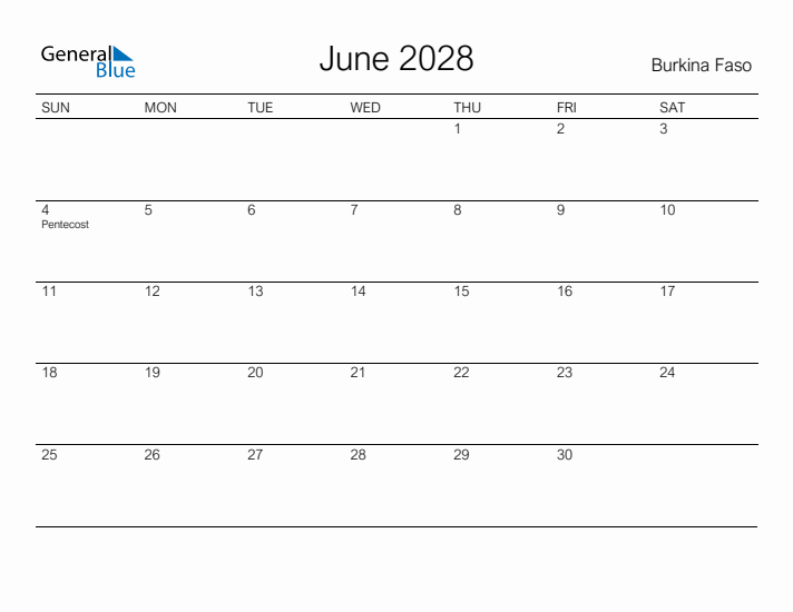 Printable June 2028 Calendar for Burkina Faso