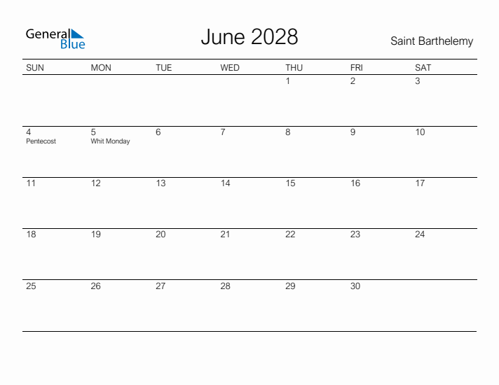 Printable June 2028 Calendar for Saint Barthelemy