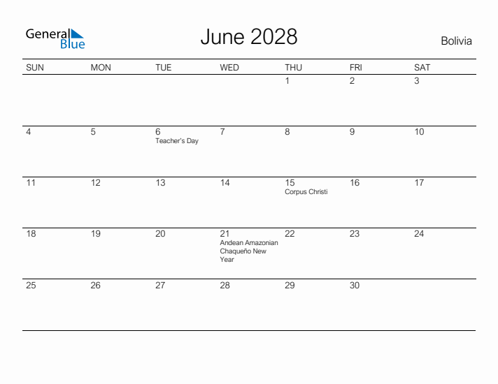 Printable June 2028 Calendar for Bolivia