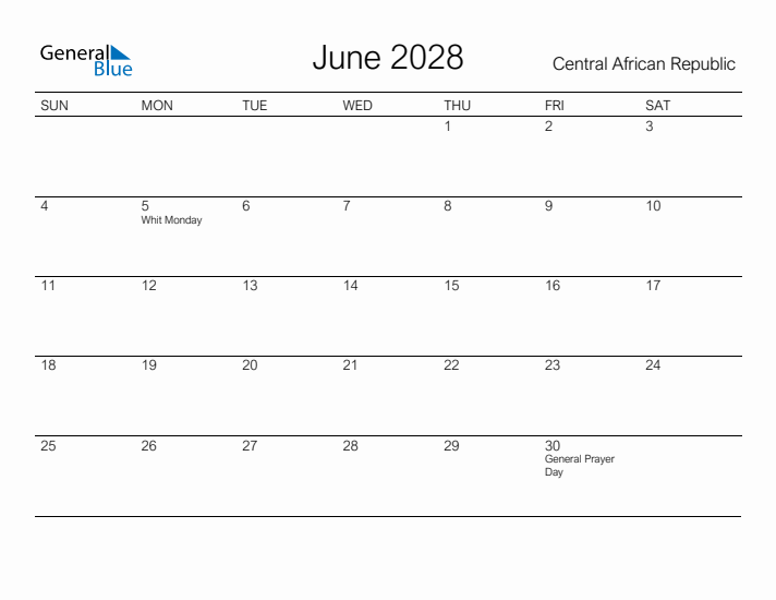 Printable June 2028 Calendar for Central African Republic