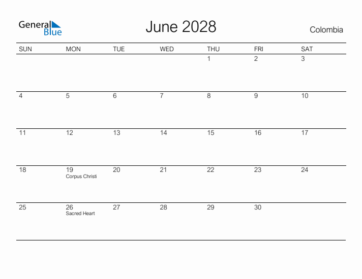 Printable June 2028 Calendar for Colombia