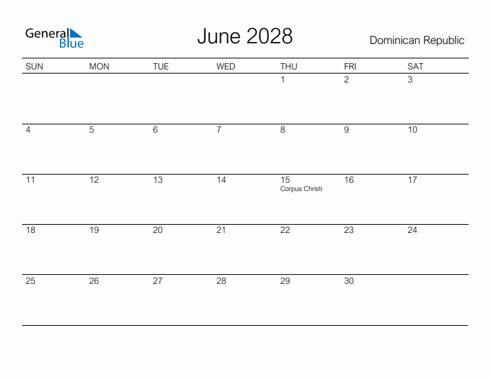 Printable June 2028 Calendar for Dominican Republic