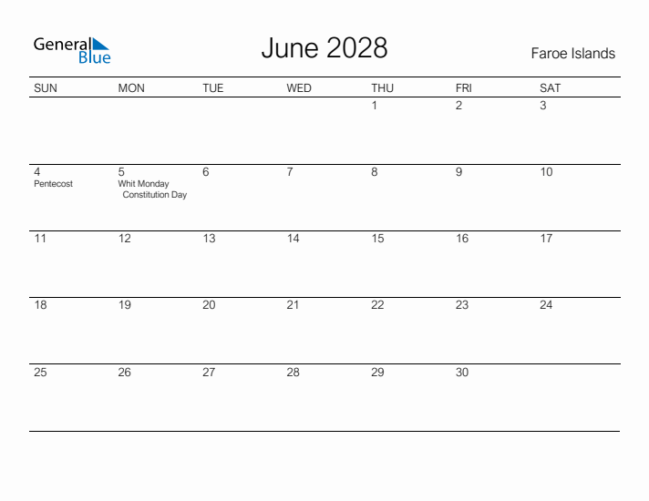 Printable June 2028 Calendar for Faroe Islands