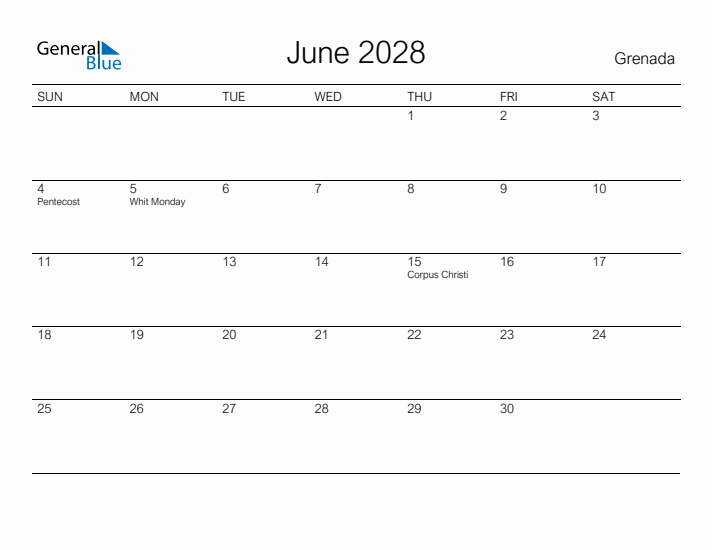 Printable June 2028 Calendar for Grenada