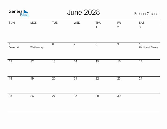 Printable June 2028 Calendar for French Guiana