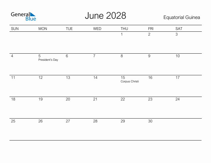 Printable June 2028 Calendar for Equatorial Guinea