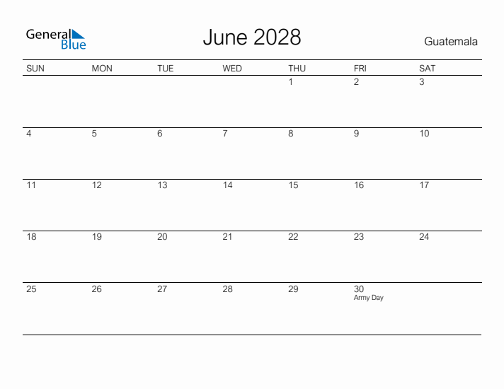 Printable June 2028 Calendar for Guatemala