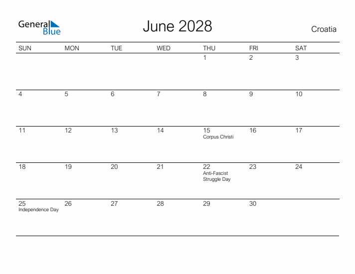 Printable June 2028 Calendar for Croatia