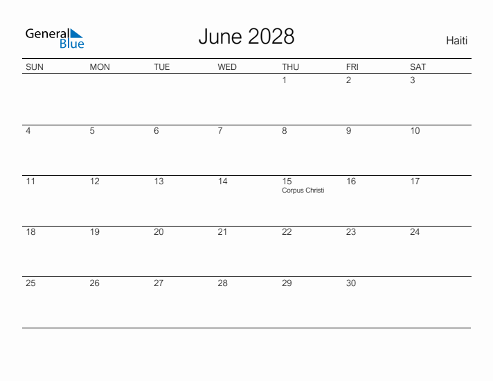 Printable June 2028 Calendar for Haiti
