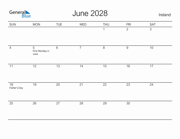 Printable June 2028 Calendar for Ireland