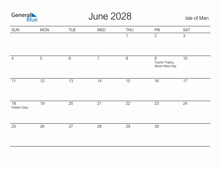 Printable June 2028 Calendar for Isle of Man
