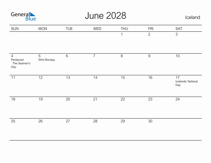 Printable June 2028 Calendar for Iceland