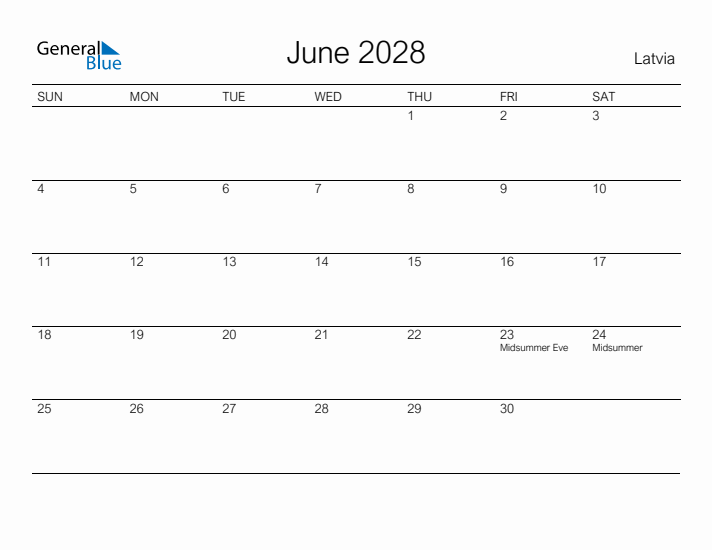 Printable June 2028 Calendar for Latvia