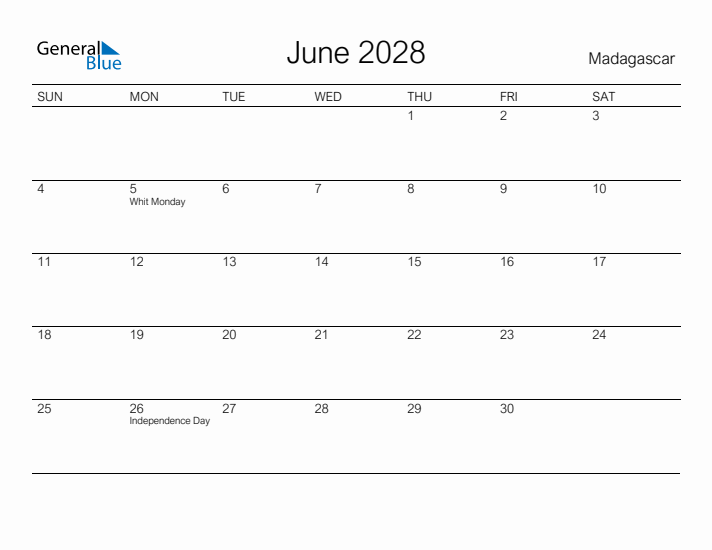 Printable June 2028 Calendar for Madagascar
