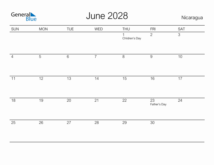Printable June 2028 Calendar for Nicaragua