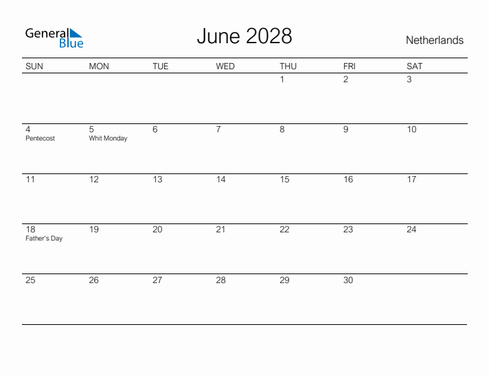 Printable June 2028 Calendar for The Netherlands