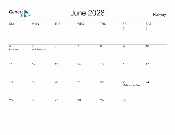 Printable June 2028 Calendar for Norway